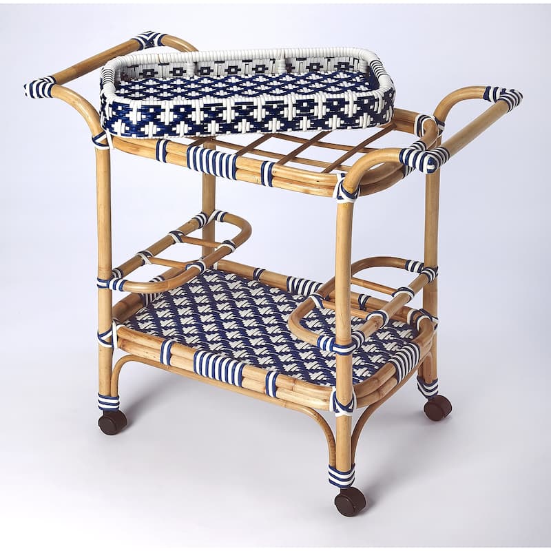 Butler Selena Blue & White Rattan Bar Cart