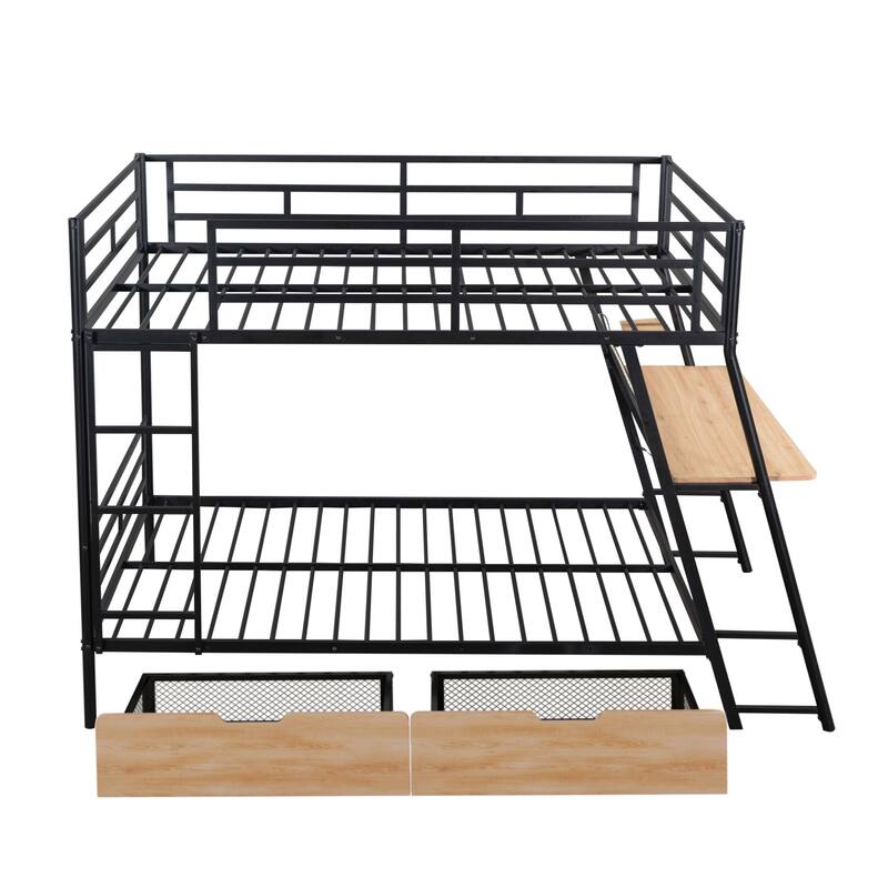 Full Size Metal Bunk Bed Built-in Desk, Light and 2 Drawers