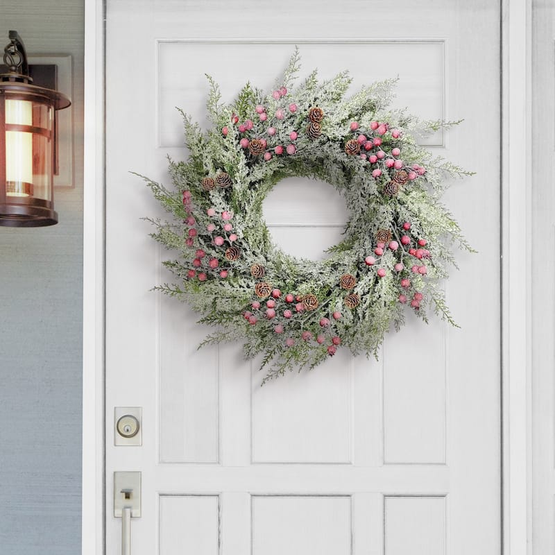 Puleo International 24" Artificial Flocked Wreath Adorned with Pinecones and Red Berries