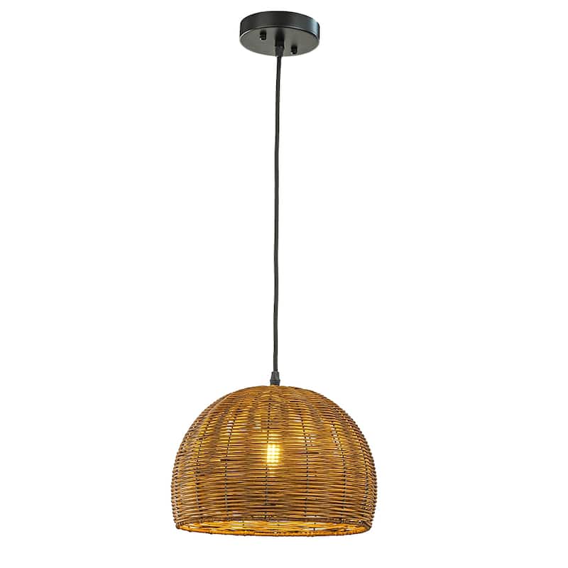 OB-1-Light Handcrafted Natural Rattan Dome Rustic Farmhouse Pendant Light Coastal Beach Rope Woven Hanging Lamp - W12'' - W12'' - Matte Black