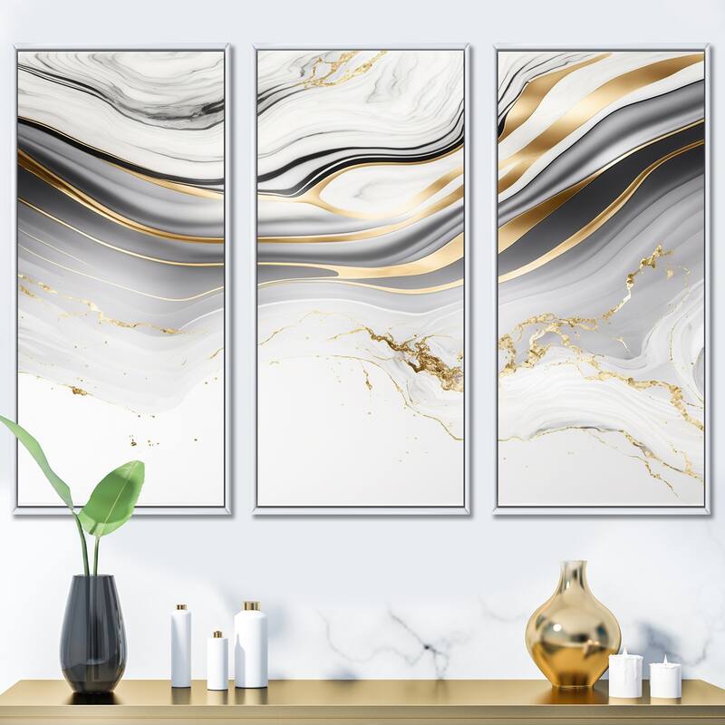 Designart "Abstract Geode Marble Waves Grey III" Modern Waves Framed Canvas Art Print - 3 Panels