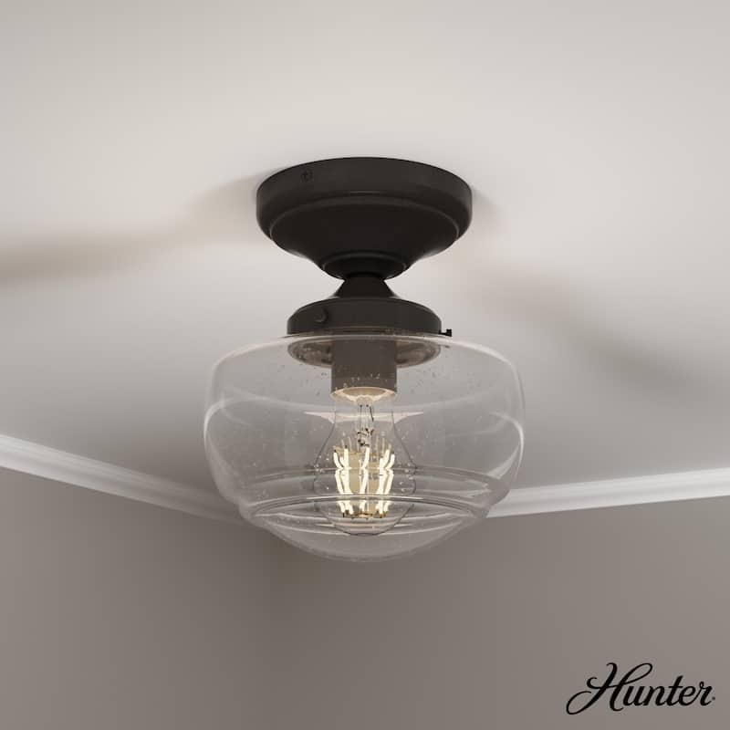 Hunter Saddle Creek 1 Light Contemporary Schoolhouse Flush Mount Ceiling Light - Bathroom, Hallway, Bedroom, Entry - Damp Rated! - Noble Bronze-Clear Seeded Glass