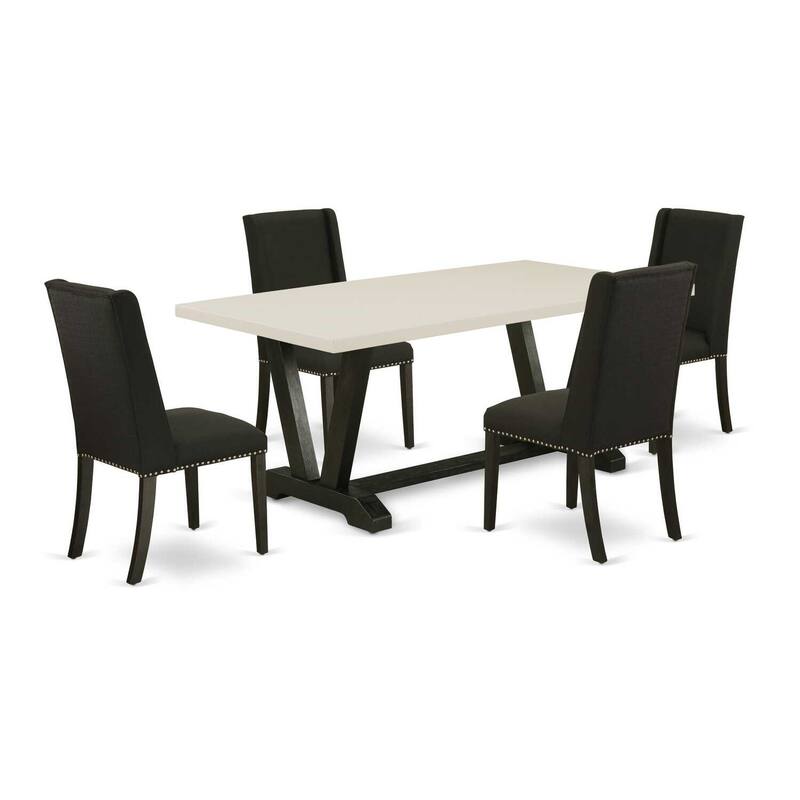 Modern 5-Piece Dining Room Set - Linen White Table & Black Chairs - 72