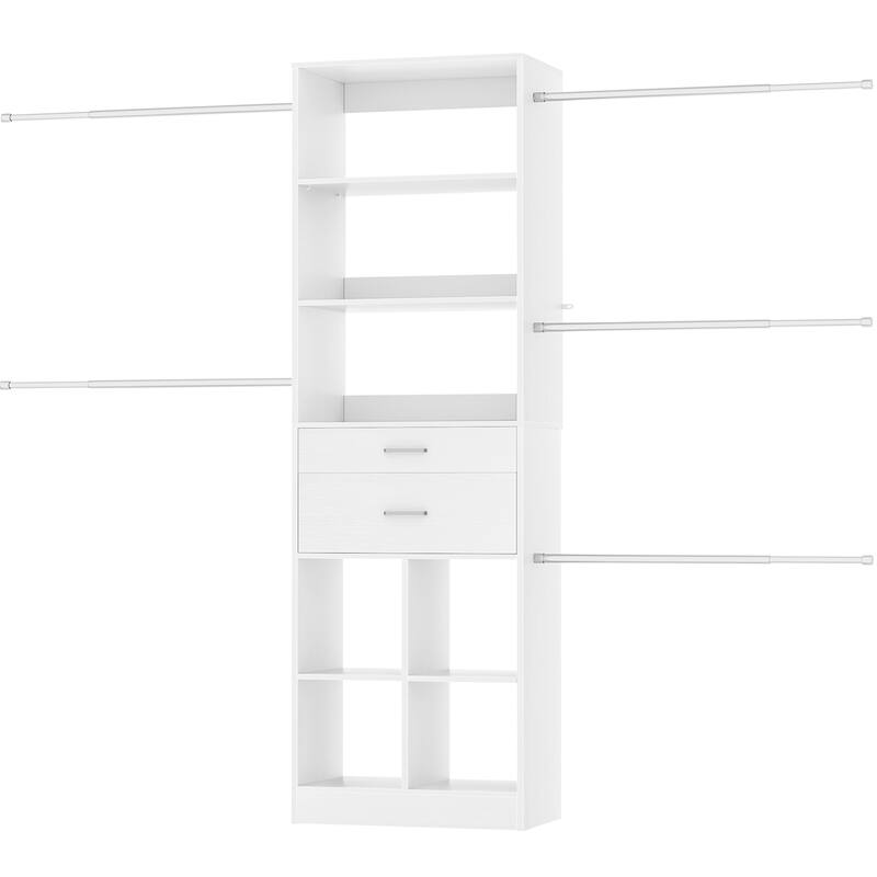 66''-100'' Walk-in Closet Organizer with 5 Hanging Rods and 2 Wooden Drawers，4-8FT Sturdy Closet System with Storage Shelves