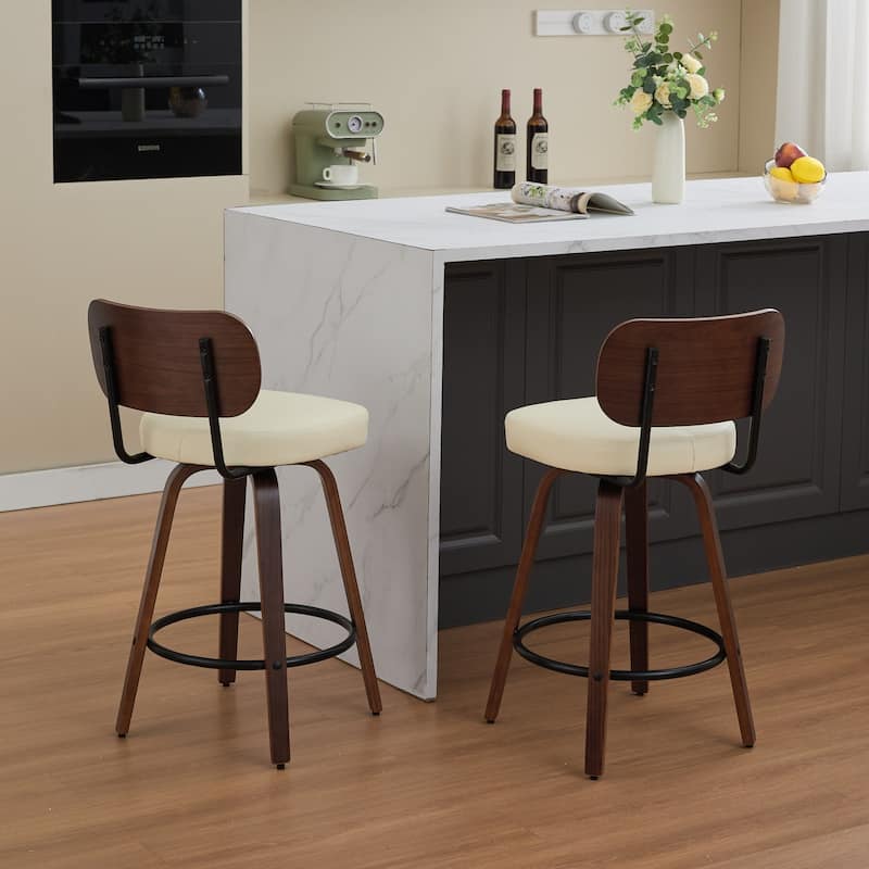 Roomfitters Mid-Century Modern Swivel Bar Stools Set of 2, 26" Upholstered Counter Height Chairs, Metal Footrest, Beige - Beige