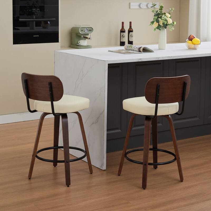 Swivel Bar Stools Set of 2, 26" Upholstered Faux Leather Counter Height Barstools with Walnut Back & Bentwood Legs