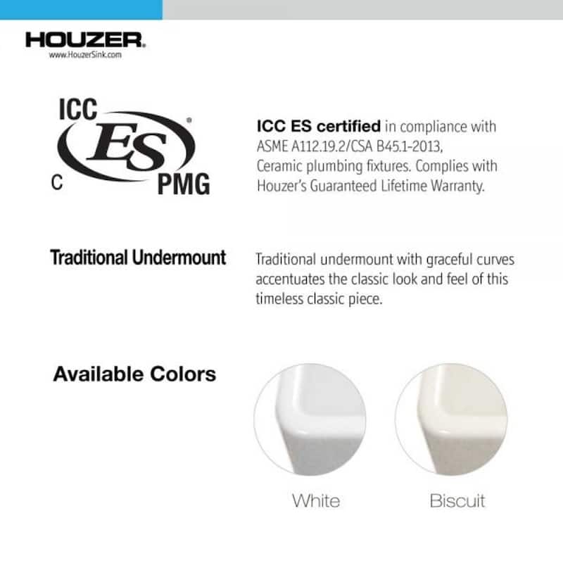 Houzer Platus 19 inch White Fireclay Square Undermount Single Bowl Bar Sink