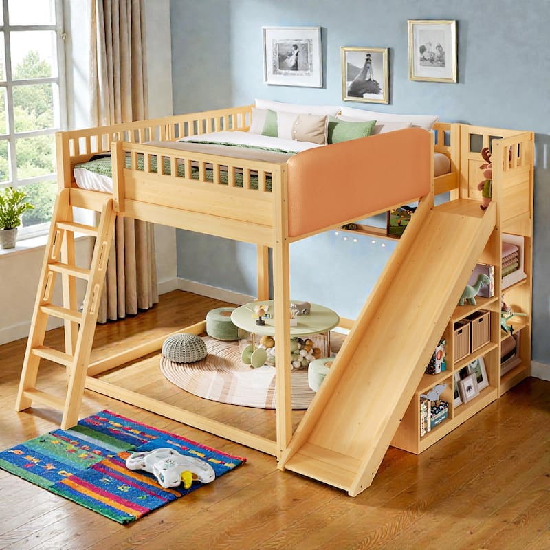 Loft Bed with Upholstered Headboard, Storage Shelves, Ladder and Slide, Solid Wood Frame - Natural - Queen