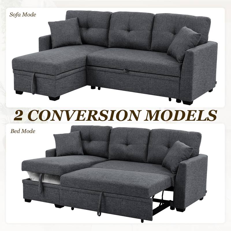 Polyester Upholstered L-Shaped Tufted Storage Modular Sleeper Sectional Sofa with 2 Pillows