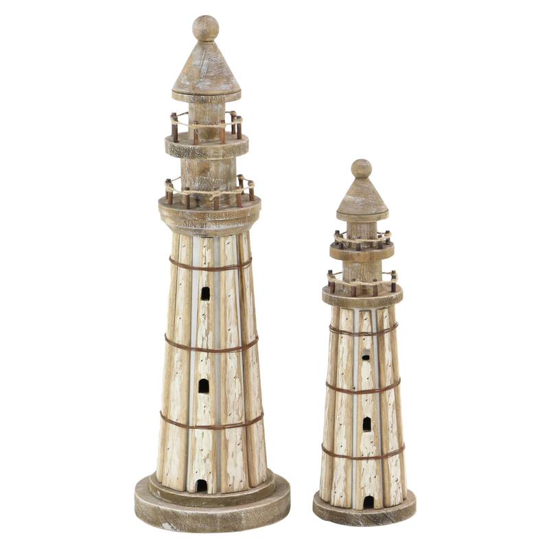 Brown Wood Light House Decorative Sculpture (Set of 2)
