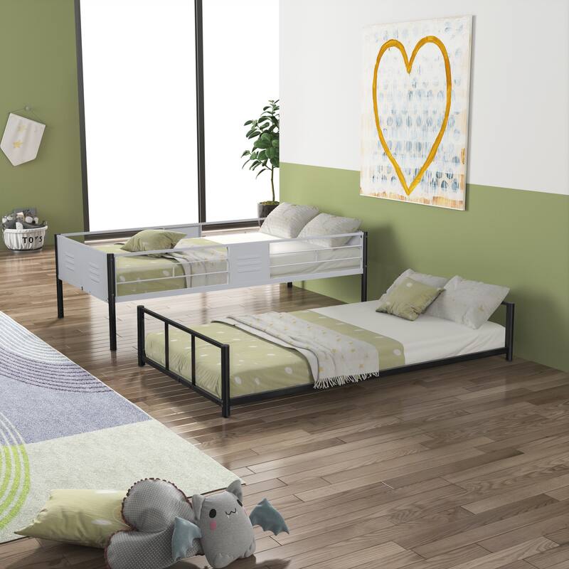 Durable Twin Over Twin Metal Bunk Bed with Vent Board Guardrails, Noise-Free Wood Slats, and Safety Ladder