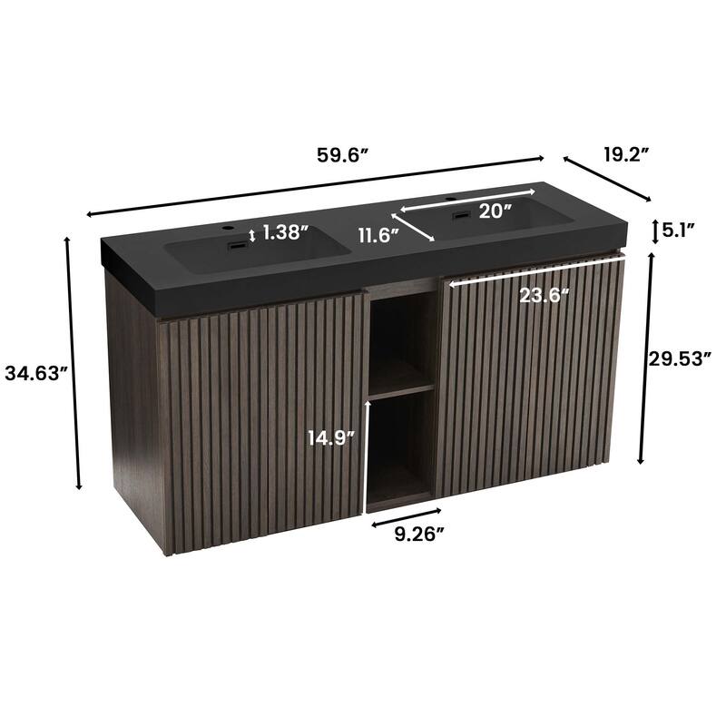 GDFStudio - Galan 60" Freestanding Bathroom Vanity with Quartz Sink, Solf Close Doors, Open Storage Shelf, NO Drain & Faucet