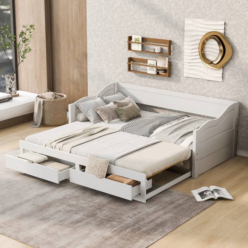 Roomfitters Wooden Twin Daybed with Trundle and Two Storage Drawers Extendable Solid Wood - White