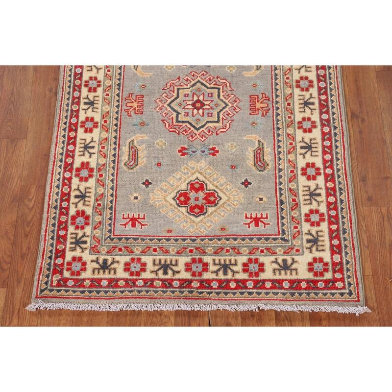 Gray Geometric Kazak Accent Rug Hand-Knotted Wool Carpet - 2'8" x 4'1"