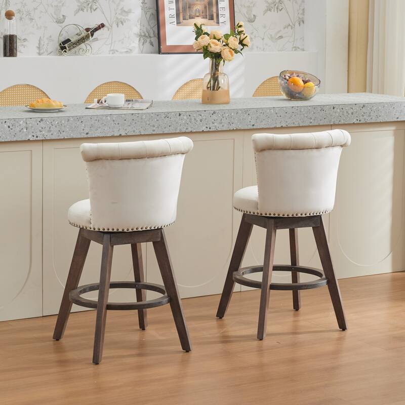 Velvet Upholstered Counter Height Bar Stools Set of 2, Tufted Button Swivel Bar Stools, Kitchen Counter Stools with Wood Legs
