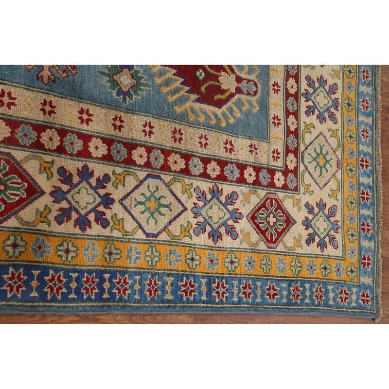 Hand Knotted Oriental 100% Wool Carpet Traditional Geometric Navy Blue & Blues Kazak Area Rug - 9' 6'' X 6' 6''