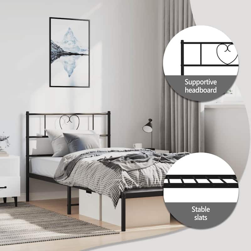 vidaXL Twin Metal Bed Frame with Headboard, Black, No Mattress - 77.2" x 41.3" x 35.4"