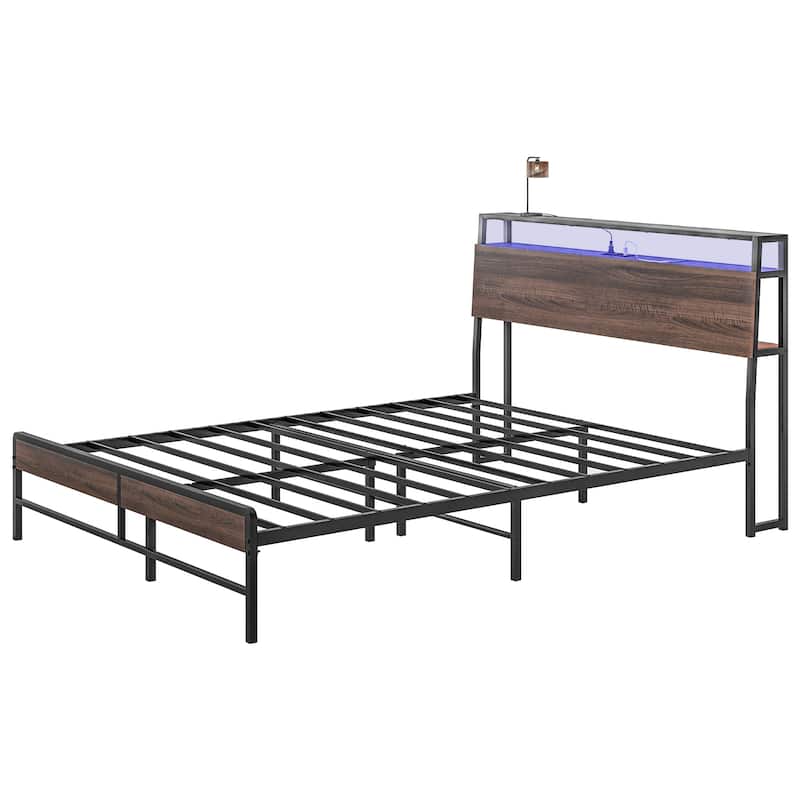 Bed Frame with Headboard, Platm Bed Frame withCharging Station