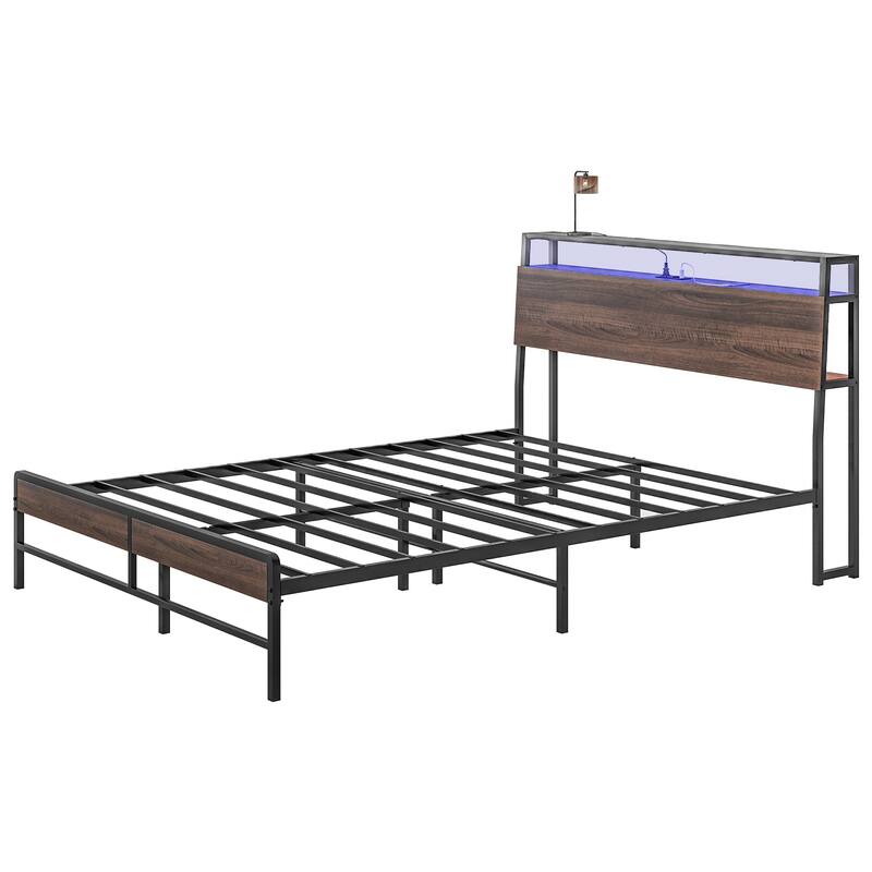 Queen Bed Frame with LED Lights, Charging Station, 3-Tier Storage Shelf, Steel Slats, No Box Spring Needed