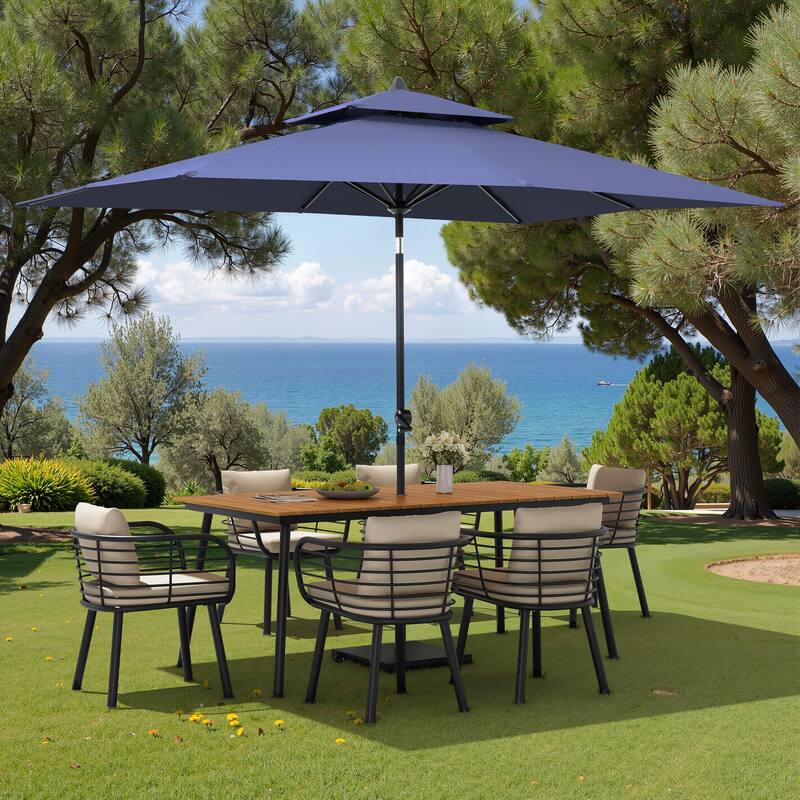 9PC Outdoor Patio Dining Set Aluminum Table with Sunbrella Cushion Chairs w/ Premium Market Umbrella Sets