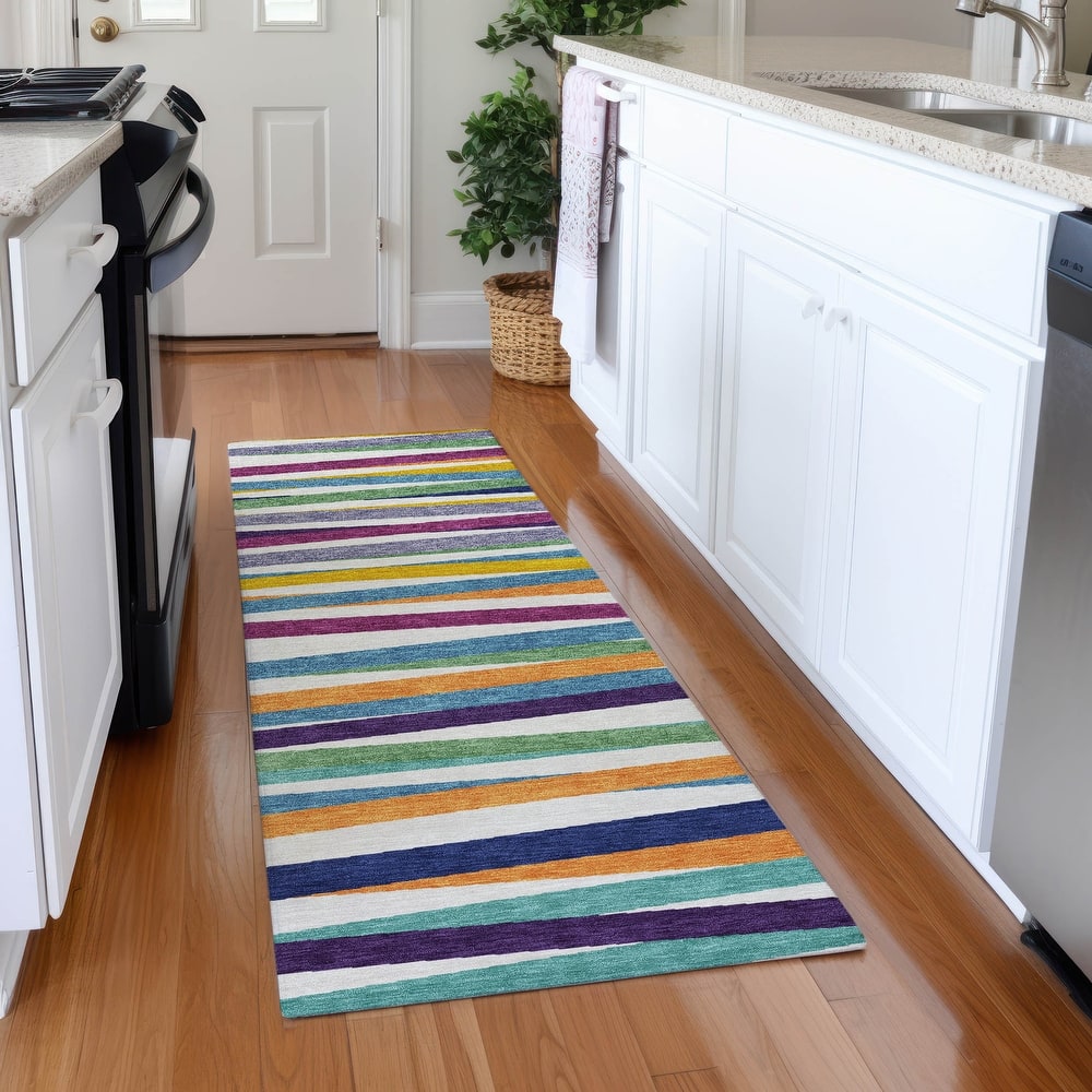 Machine Washable Indoor/ Outdoor Modern Stripes Chantille Rug