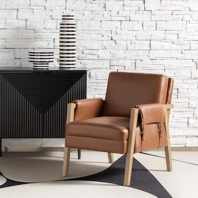 Olivia Farmhouse Faux Leather Accent Chair with Solid Wood Legs By HULALAHOME