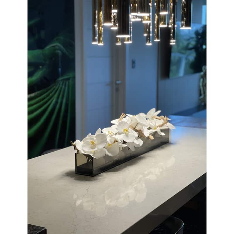36 Inch Casa Moderna Black Tinted Glass Plate Planter with white Phalaenopsis orchids