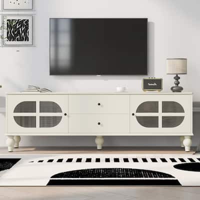 68.9" Rectangular Wooden TV Stand with Fluted Glass Doors, for TVs up to 75", Media Storage Console with 2 Drawers