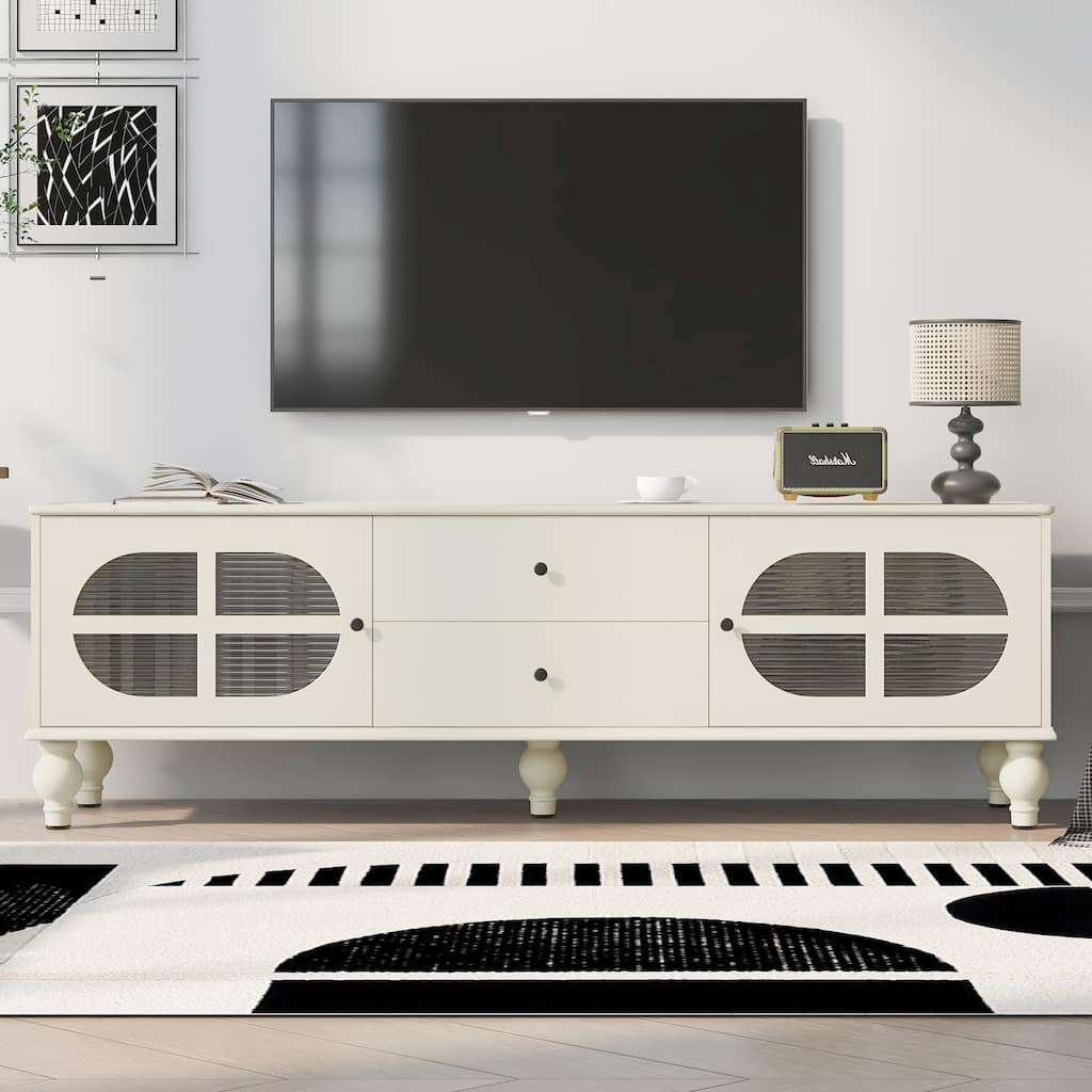 68.9" Rectangular Wooden TV Stand with Fluted Glass Doors, for TVs up to 75", Media Storage Console with 2 Drawers