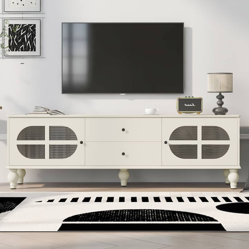 Modern Minimalist TV Stand with 2 Storage Cabinets, 2 Drawer and Cable Management for Living Room Bedroom​ - Antique White