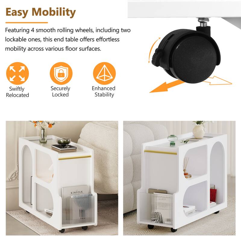 End Table with Storage, Side Table with Lockable Wheels/Golden Round Rod