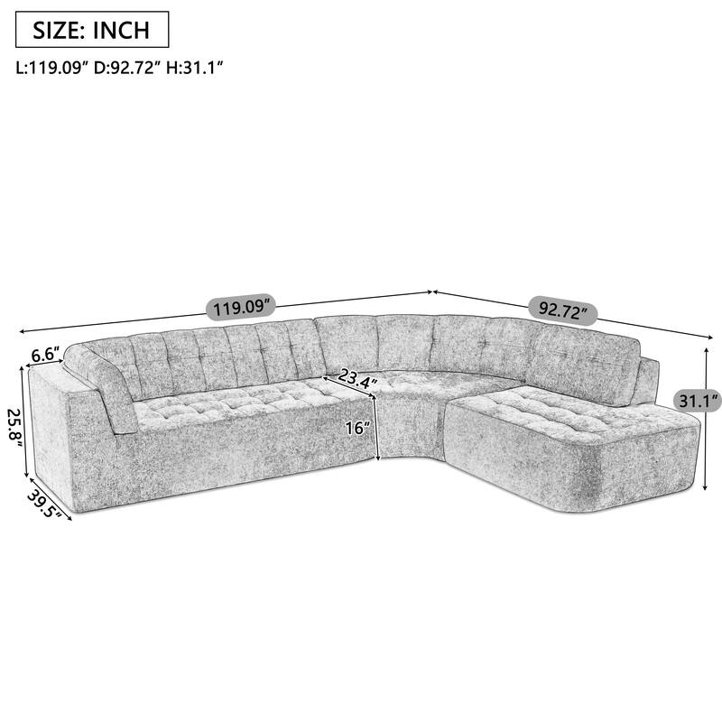 L Shaped Modern Modular Sectional Curved Sofa, Minimalist Cloud Couch Boneless Couches with Chaise