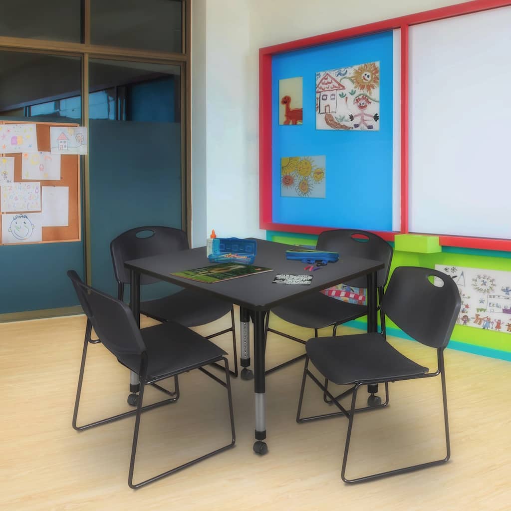 42 in. Square Height Adjustable Mobile Classroom Table - Grey & 4 Stack Chairs- Black