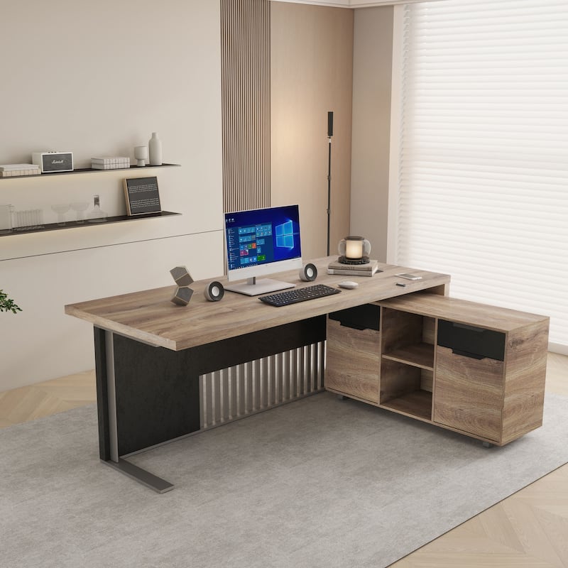 WESOME L-shaped Executive Office Desk with 2 Drawers 4 Wheels File Cabinets Cable Management - 70.8inch - Right Return+Cabinet