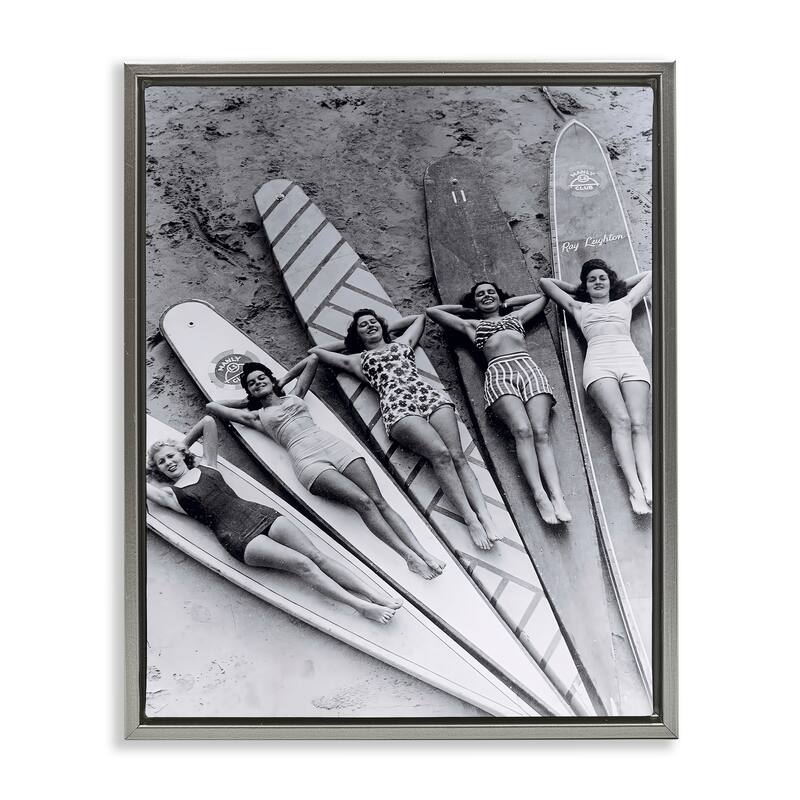 Stupell Vintage Women on Surfboards Framed Floater Canvas Wall Art Design By Arlington Prints - 25 x 31 - Grey