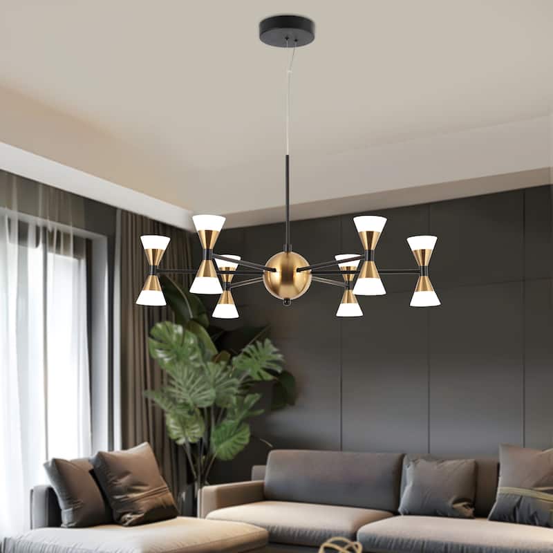 Modern Contemporary 12-Light Black Gold LED Chandelier Metal Wheel Pendant Lights for Dining Room - 23.5" D x 12.5" H