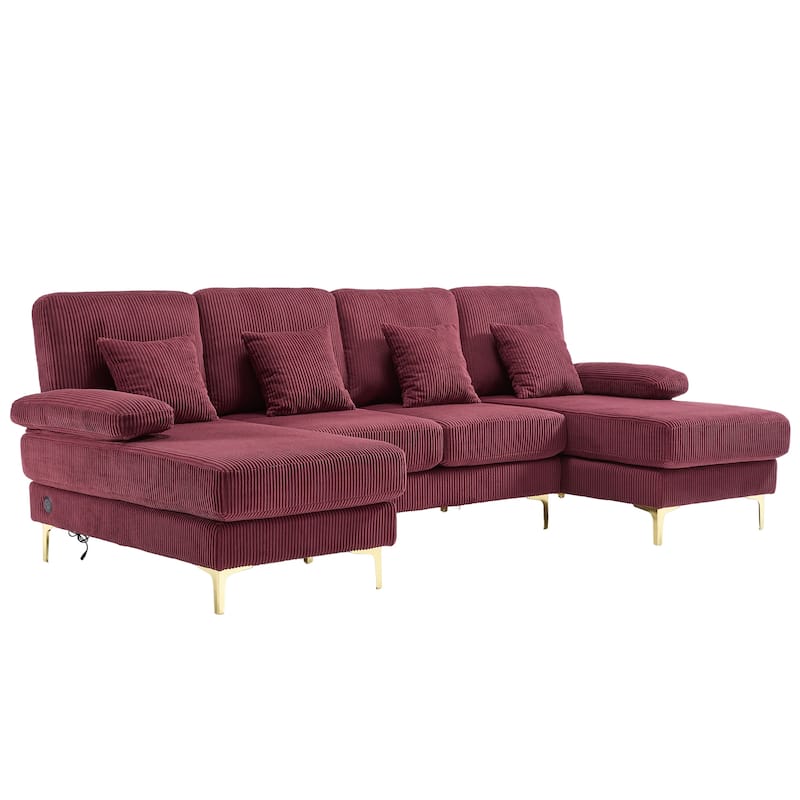 HOMEFUN Corduroy Upholstered U-shaped Adjustable Light Modular Sectional Sofa With Type-C and USB ports