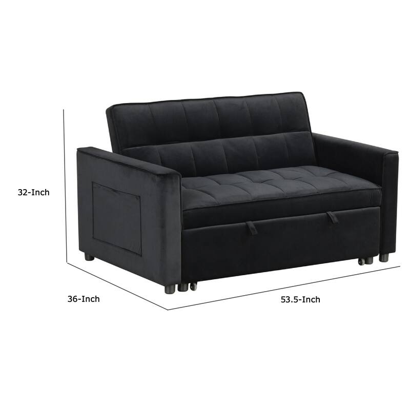 Marve Convertible Sleeper Loveseat, Side Pockets, Black Velvet 54 Inch