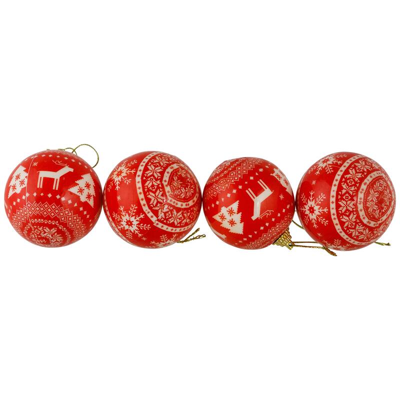 14-Piece Red White Nordic Decoupage Christmas Ball Ornament Set 2.25"