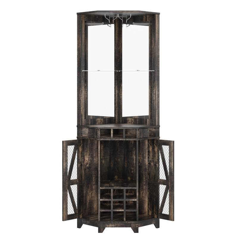 72" Tall Farmhouse Bar Storage Cabinet with Barn Door, Acrylic Mirror and Glass Rack