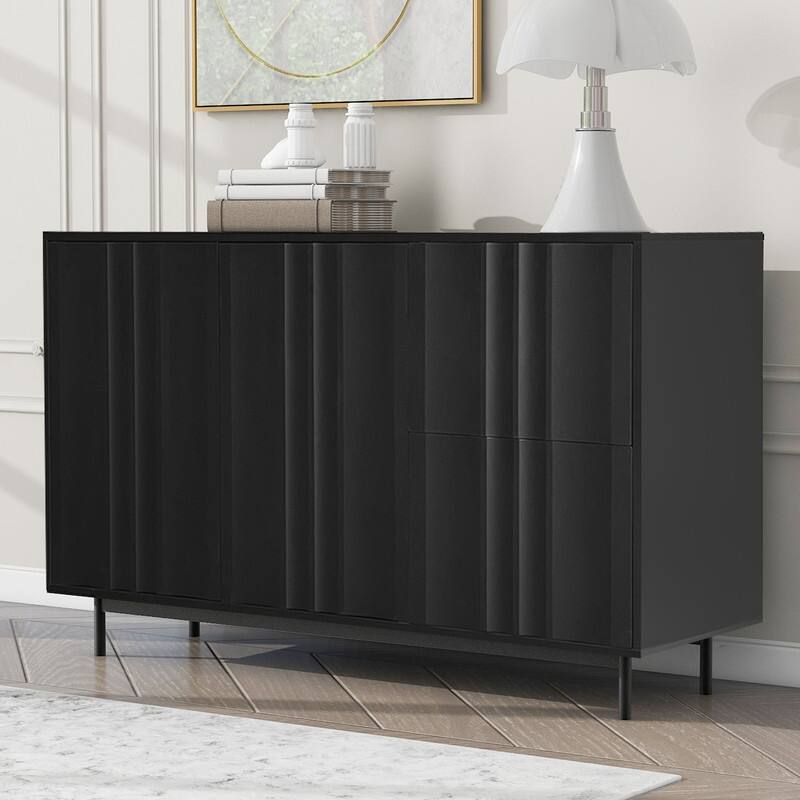 Wave Pattern Buffet Storage Cabinet with 2 Doors and 2 Drawers, Sideboard Cabinet Table with Adjustable Shelf - Black