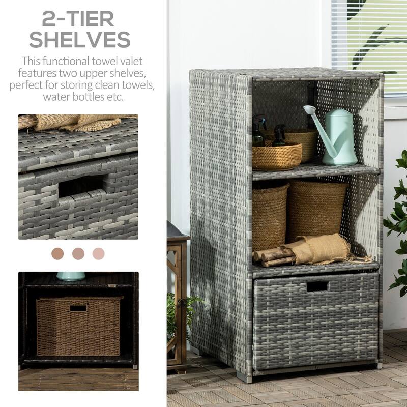 Outsunny Valet Pool Towel Rack, Waterproof PE plastic Rattan Wicker, Indoor Outdoor Spa, and Hot Tub Accessory Storage