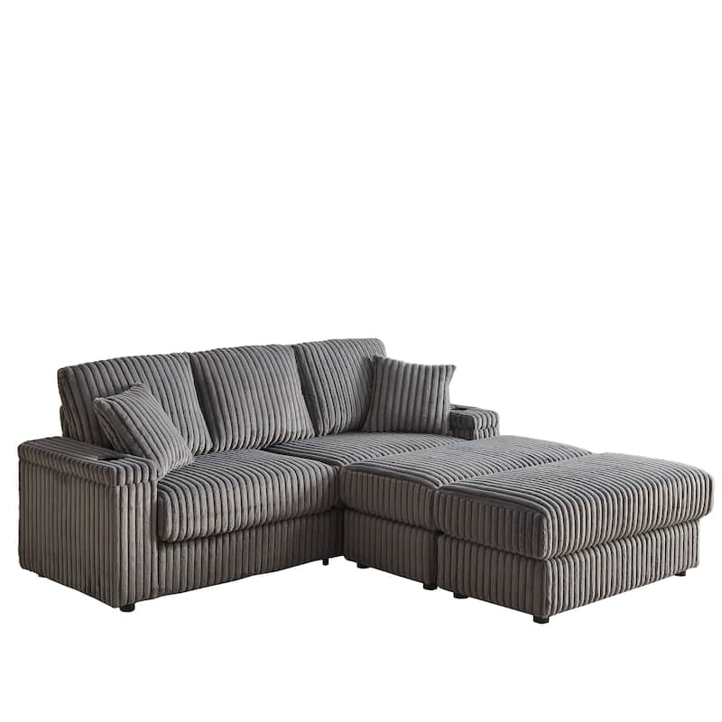 Anmytek 84 Inch Black Corduroy 3-Seater Deep Seat Sofa with Ottoman Storage Cup Holders and Pillows