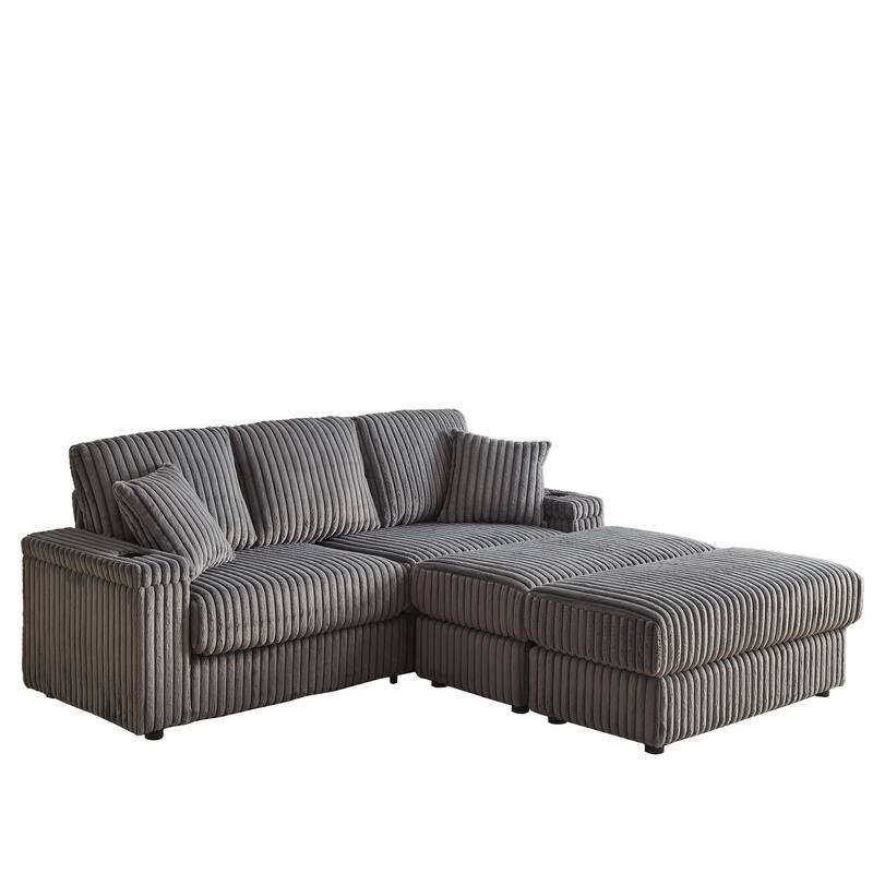 Deep Seat Sectional Loveseat Set with 2 Ottoman and 2 Pillows, Corduroy Chaise Lounge Bed with 2 Storage Spaces and Cupholding