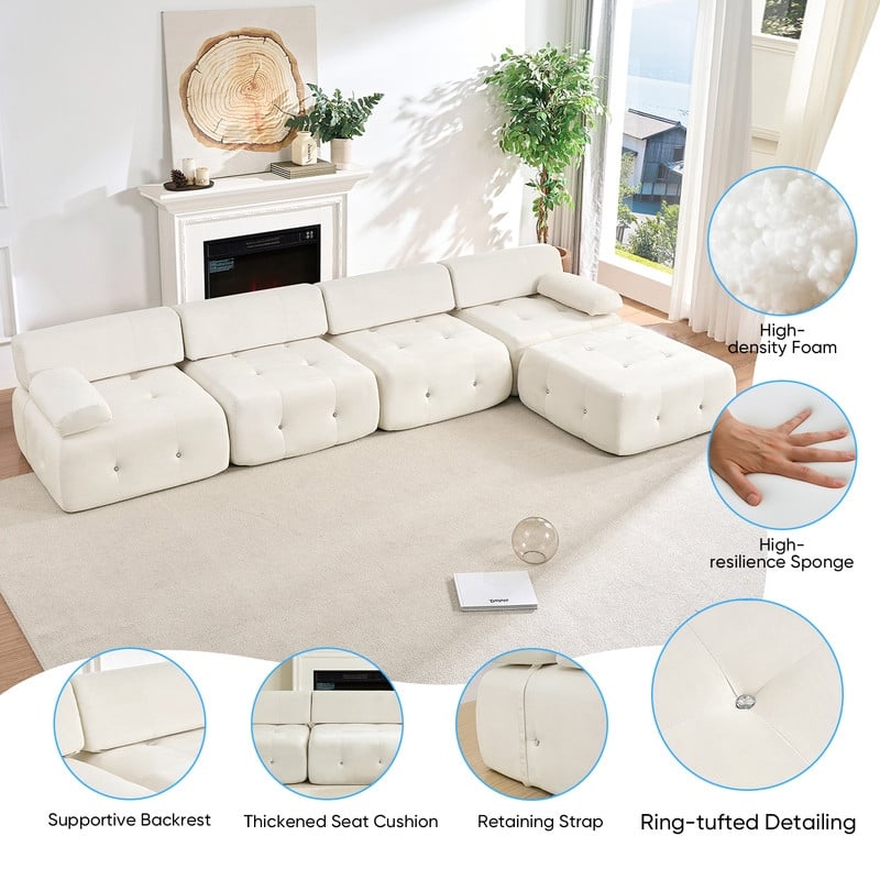 Mixoy 134inch Modular Sectional Sofa with Ottoman,Velvet L-Shaped Couch Indoor for Living Room - 133.9"w x 66.9"D x 24.8"H
