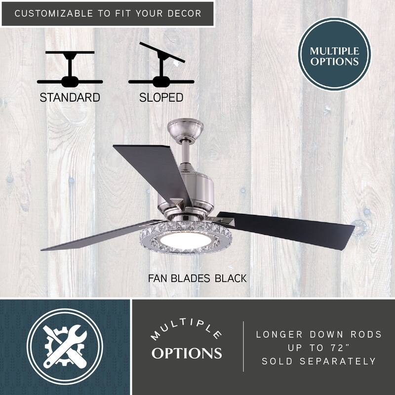 Clara 52 In. Nickel Ceiling Fan with Crystal LED Light Kit and Remote - 52-in W x 17-in H x 52-in D