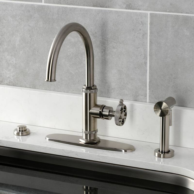 Kingston Brass Webb Single-Handle 1-Hole Deck Mount Kitchen Faucet with Knurled Handle and Brass Side Sprayer