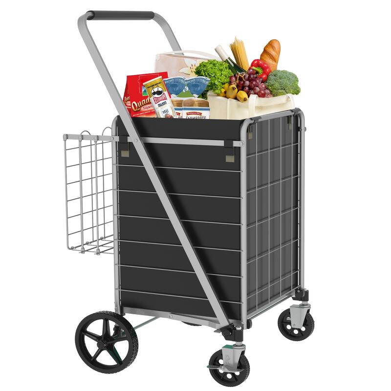 Foldable Grocery Shopping Cart w/ Brake & Double Basket and 360 Rolling Swivel Wheels