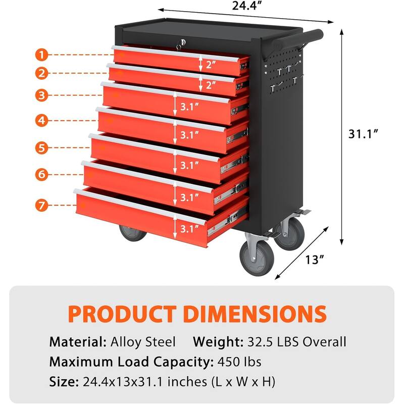 7-Drawer Rolling Tool Chest Toolbox with Keyed Locking