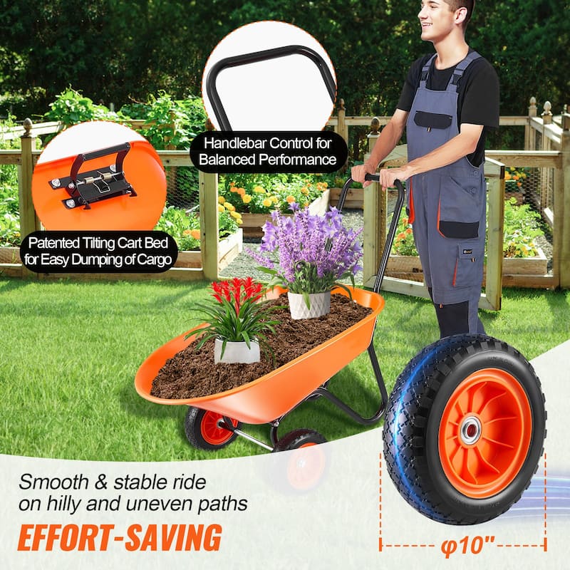 Orange Dual-Wheel Garden Cart 397lbs Dump Wheelbarrow PU Tire 10" - 36.22 x 24.8 x 10.24 in